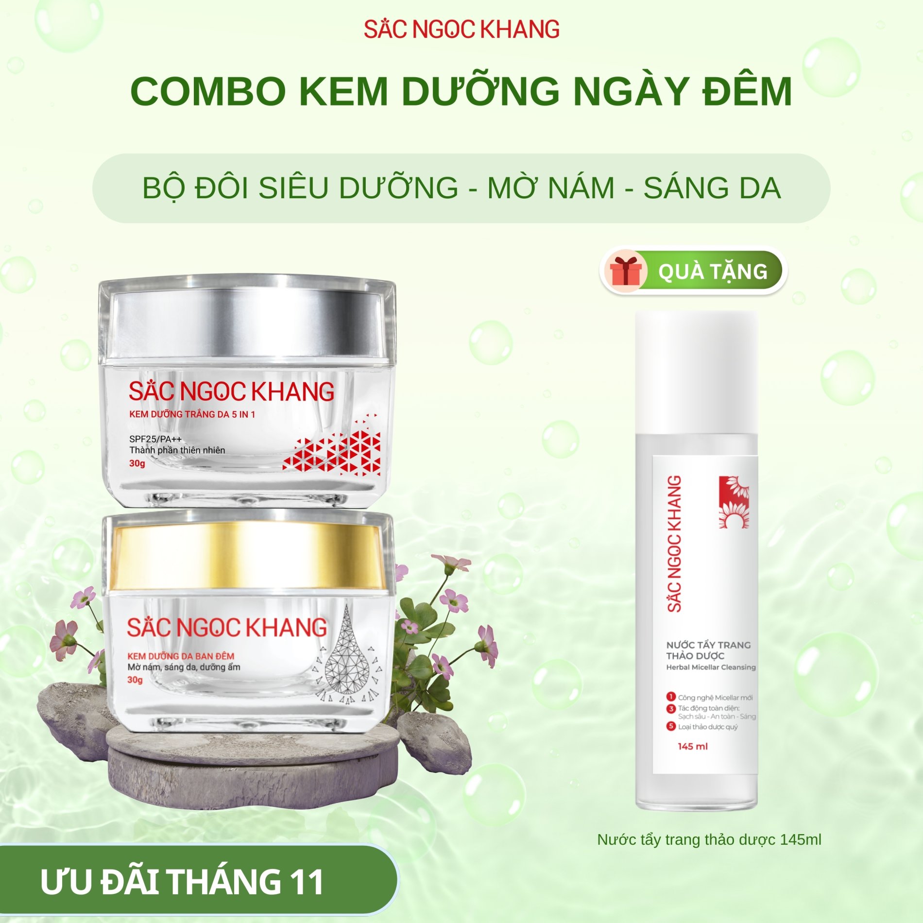 Kem Ban Ngày [30g] & Kem Dưỡng Ban Đêm [30g] TẶNG Nước tẩy trang thảo dược 145ml