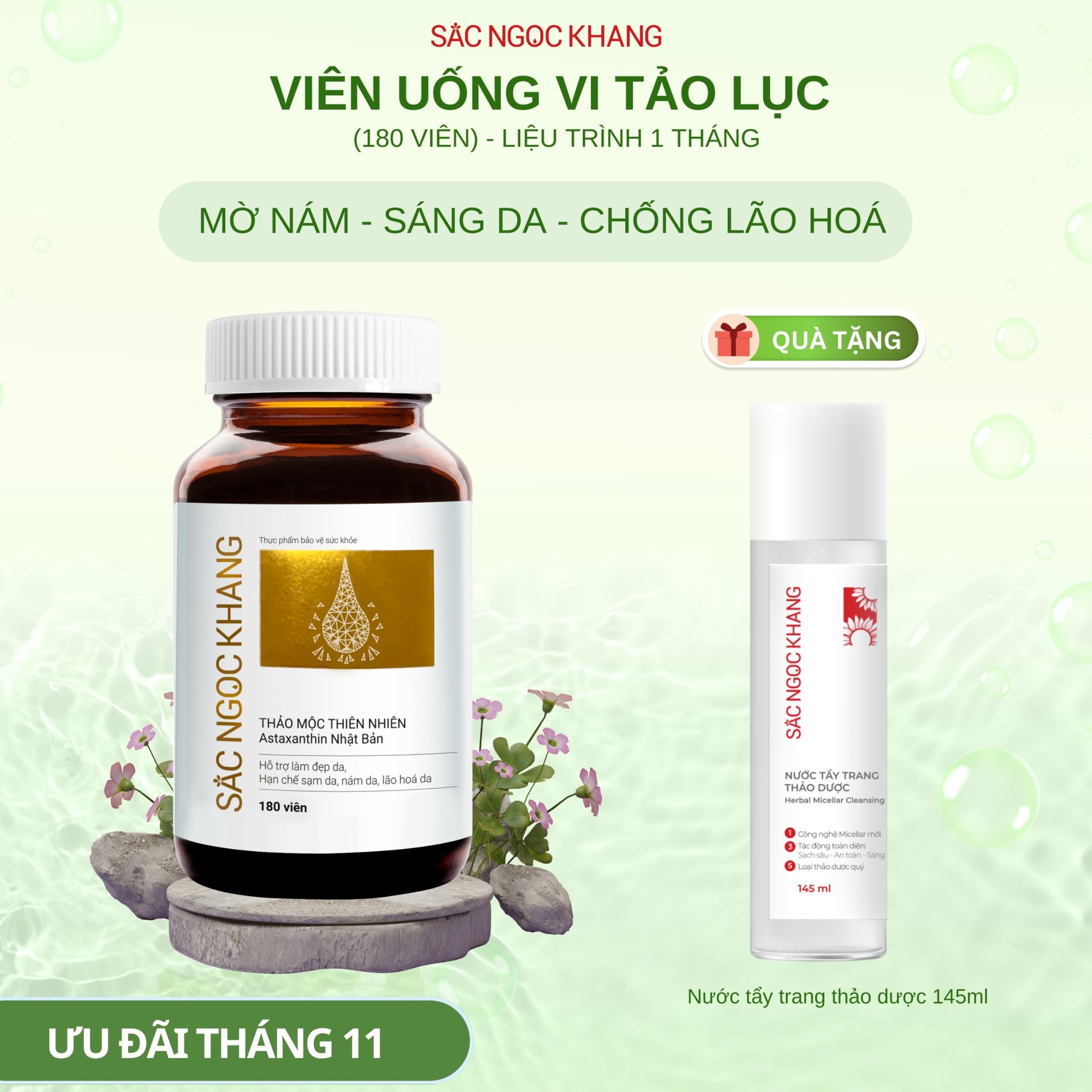 Viên uống Sắc Ngọc Khang vi tảo lục [180 viên] TẶNG Nước tẩy trang thảo dược [145ml]